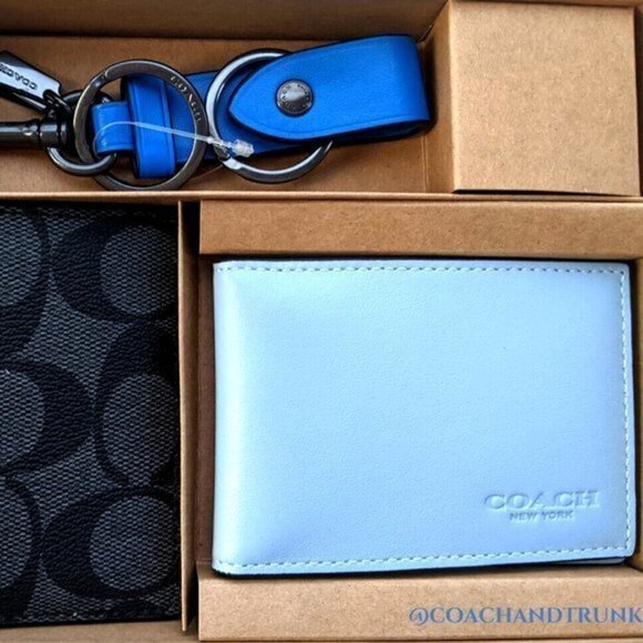 COACH 3 In 1 Leather Wallet Gift Set Color Block Signature Canvas Gift Box NWT